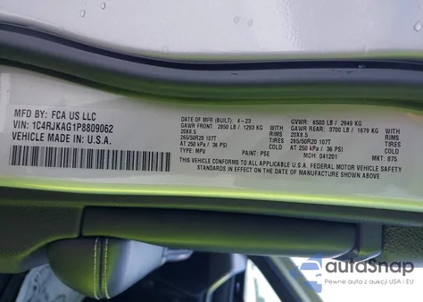 2023 Jeep Grand Cherokee L Altitude 4X4 z USA, uszkodzony, nr VIN 1C4RJKAG1P8809062